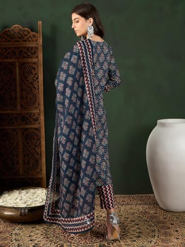 SHIENZY Cotton Blend V Neck Kurta Pant Set with Dupatta for Women | Women Kurta Pant Sets with Dupatta (1613_KBD-S)
