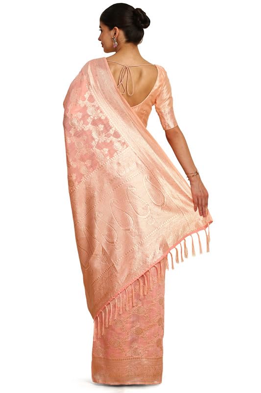 Soch Womens Peach Floral Woven Design Jacquard Weave Tussar Saree