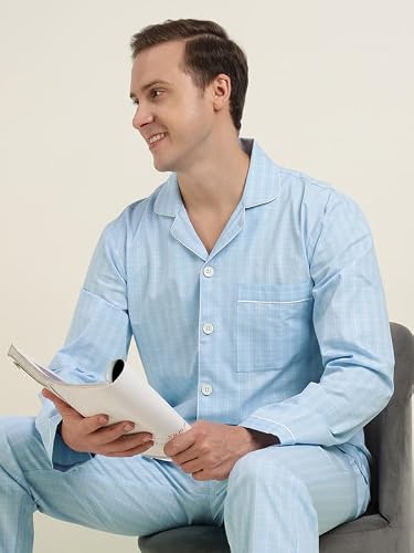 Hancock Men Cotton Checked Relaxed Fit Night Suit Blue Size S
