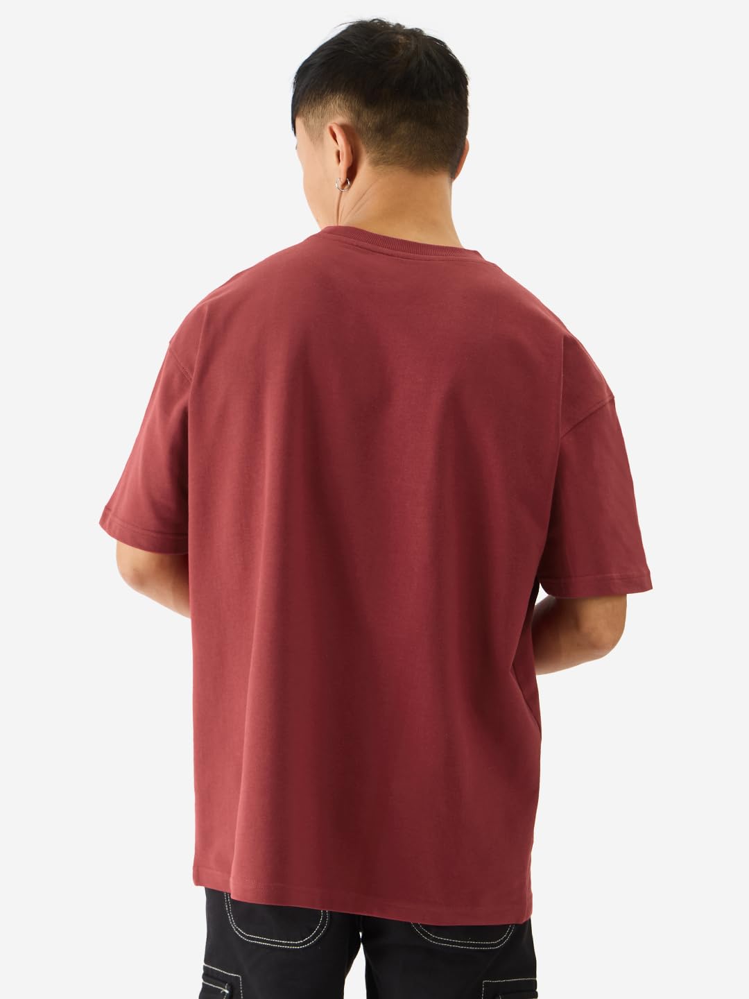 The Souled Store No Social Battery Drop Shoulder Short Sleeve Round Neck Maroon Graphic Printed Cotton Oversized Baggy T-Shirts for Men and Boys