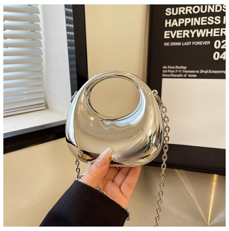 DOSYSO Women and Girls Moon Clutch Purse Acrylic Evening Handbag Crossbody Sling Bags With Detachable Chain Strap Glossy Stylish Latest Small Size Cute Wallet Party Wedding Gift Item (Glossy Silver)