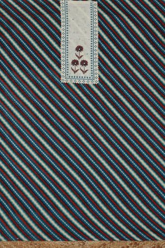 Soch Womens Blue Jam Cotton Striped Unstitch Dress Material With Thread Work