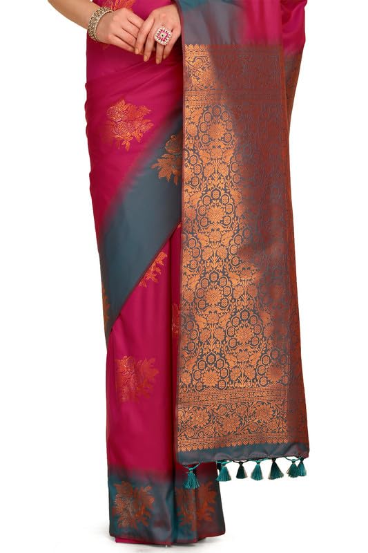 Soch Womens Fuchsia Floral Zari Woven Design Silk Blend Saree With Tassels
