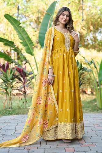 Miss Ethnik Women's Yellow Chinon Stitched Gown With Dupatta Full Sleeve Embroidered A-Line Gown (ME-1308-Yellow-3XL)