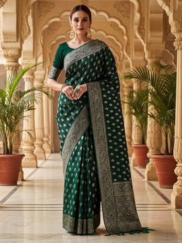 AKHILAM Women's Green Satin Silk Ethnic Motif Printed Saree With Unstitched Blouse Piece (KALASH1101_AI)