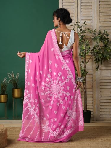 Ada Hand Embroidered Lucknow Chikan Faux Georgette Women's Chikan Saree With Blouse A130252 Pink