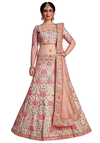 Zeel Clothing Womens Faux Silk Lehenga Choli Semi-Stitched Peach Free Size