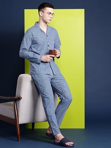Hancock Men Cotton Checked Night Suit Blue Size S