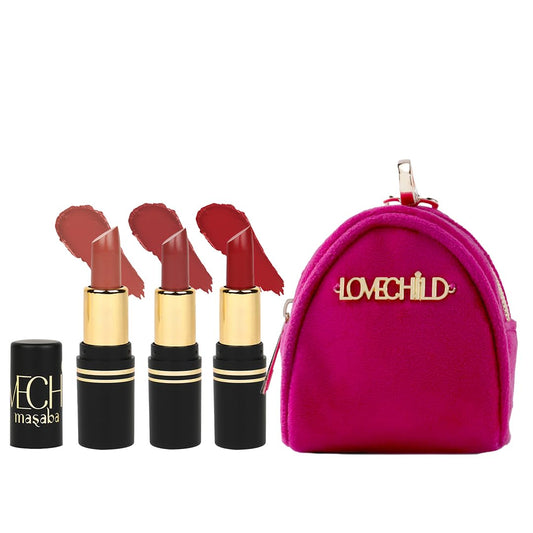 LoveChild Masaba Pocket Mini Lipsticks Set of 3 with Free Travel Pouch, Hydrating & Long-Lasting Matte Finish, 1.5g Each, Shades for All Skin Tones, Compact & Travel-Friendly Gift Pack, Combo B