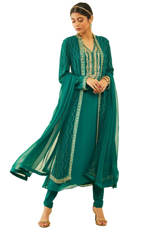 Soch Womens Green Georgette Floral Embroidered Chudidar Suit Set with Stonework(OWS2CD2108A)