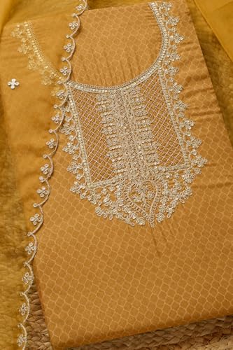 Soch Womens Mustard Organza Geometric Print Unstitch Dress Material With Zari