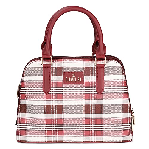 The Clownfish Andrea Handbag for Women Office Bag Ladies Shoulder Bag Tote for Women College Girls-Checks Design (Maroon)