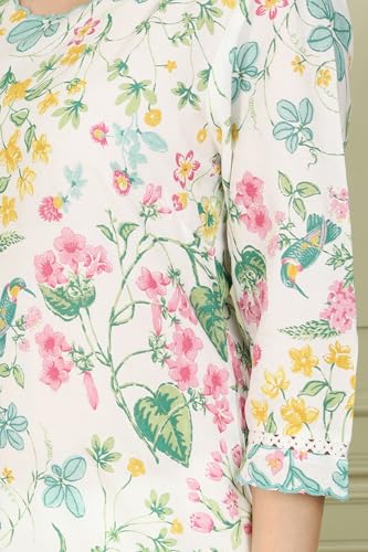 White Floral and Bird Printed Straight Kurta with Scalloped Neckline_24AUSTW10592-121987_XS