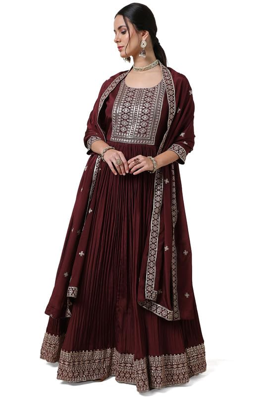 Soch Womens Maroon Embroidered Chinon Blend Gown with Sequins