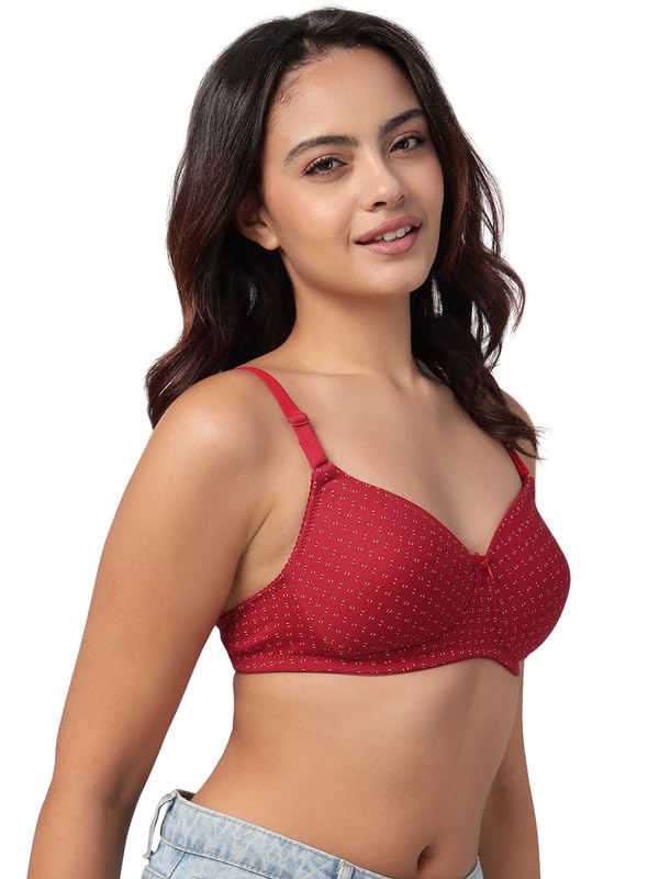 Clovia Women's Cotton Printed Padded Full Cup Wire Free T-Shirt Bra (BR1283P04_Red_34C)