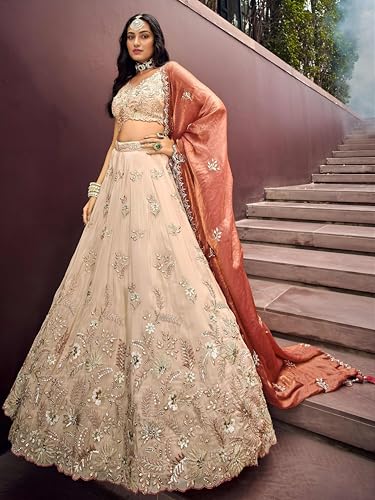 Zeel Clothing Women's Dori, Sequins and Thread Embroidered Work Cosmos Silk Lehenga Choli With Dupatta (6019-Copper-Women-Lehenga-Choli-Latest; Free size)