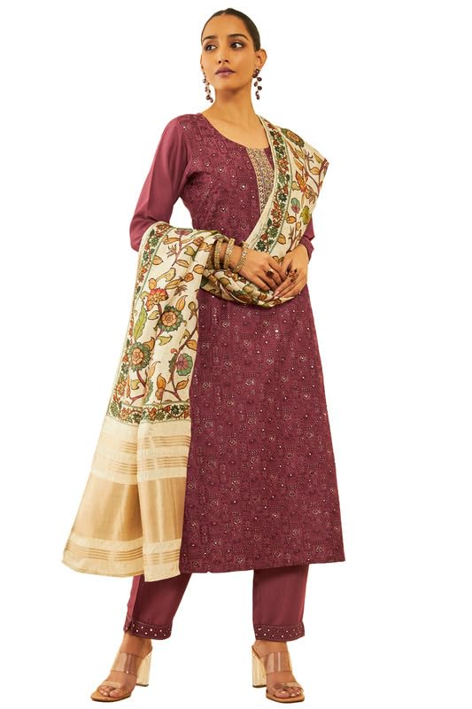 Soch Womens Maroon Silk Blend Embroidered Suit Set with Zardosi Sequinned Work