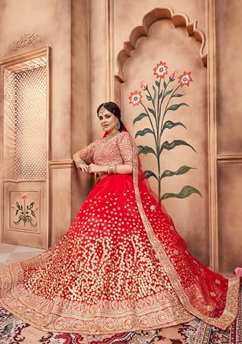 AG Clothing Women's Net Semi Stitched Lehenga Choli With Dupatta | Dori And Sequin Embroidery Pattern | Traditional, Wedding, Ethnic Wear Lehenga (AD-EUPHORIAO1-VOL4-3606-Red)