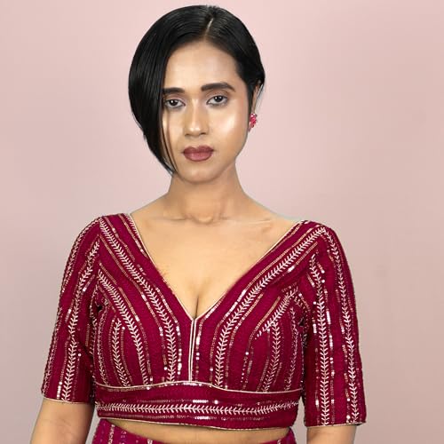 Women's Sequin Embroidered V Neck Elbow Half Sleeve Readymade Saree Blouse Indian Ethnic Designer Stitched Handmade Top Padded Wine Pink Blue White Black | E3