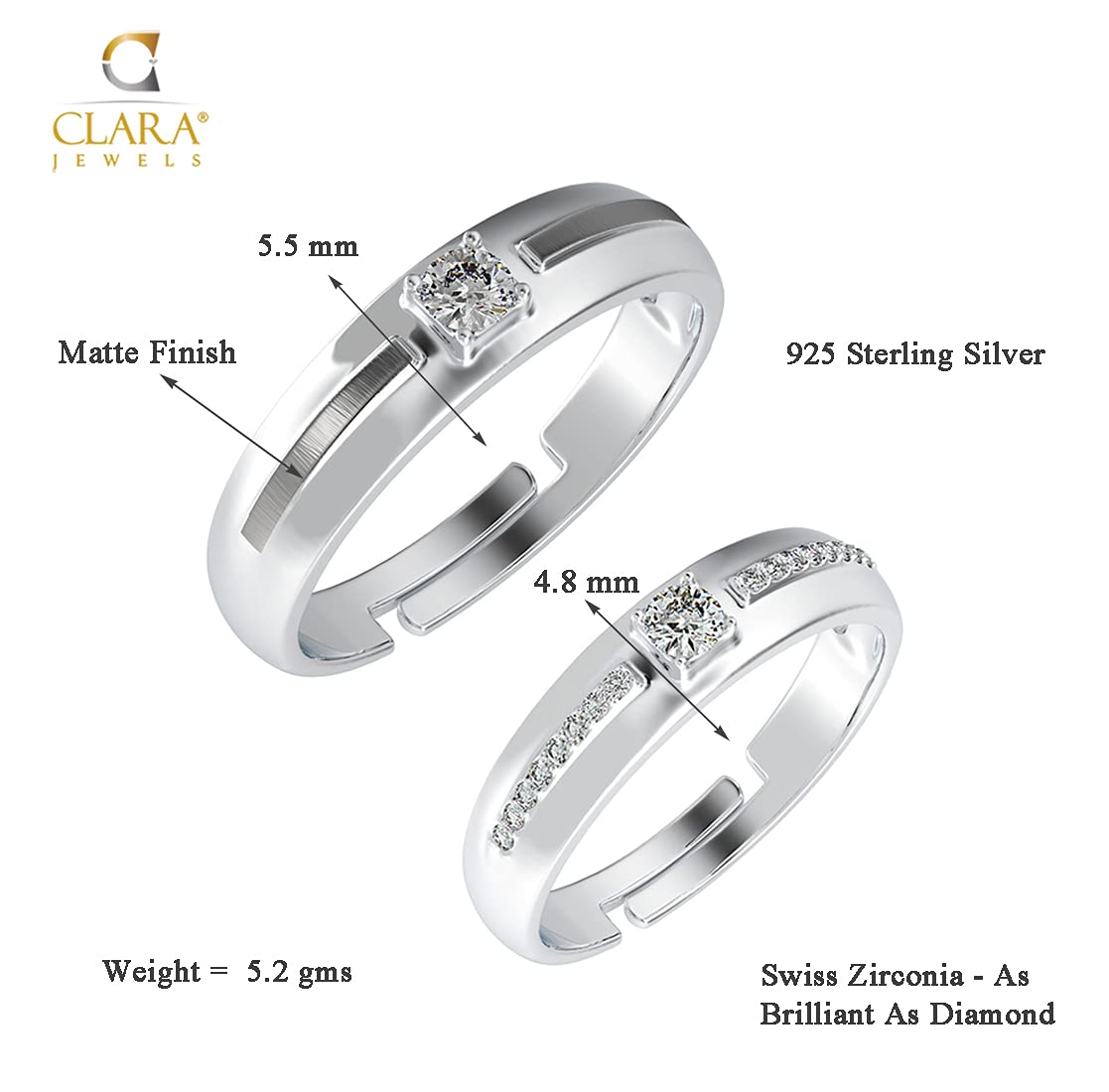 Clara Pure 925 Sterling Silver Nario Adjustable Couple Band, Promise Rings for Lovers | Gift for Men and Women | Partial Matte Finish