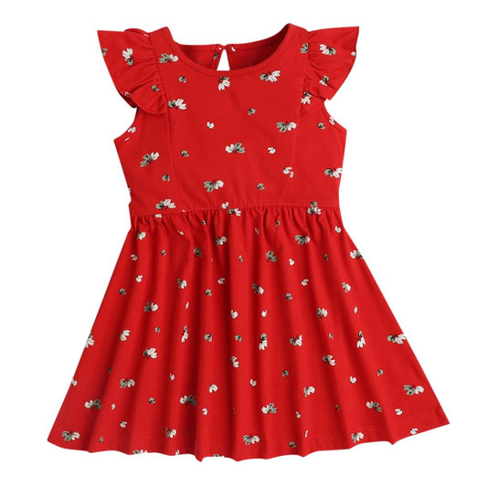 Hopscotch Girls Floral Print Casual Dress In Red Color for Ages 3-4 Years