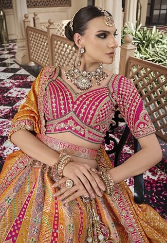 Traditional Bridal Lehenga Choli, Pink and Orange Multicoloured, Heavy Embroidered, with Designer Jewellery Set