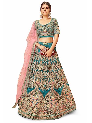 Zeel Clothing Teal Heavy Embroidered Velvet Semi-Stitched Lehenga Choli For Women (7419-Teal-Wedding-Bridal-Latest-New; Teal_Free Size)