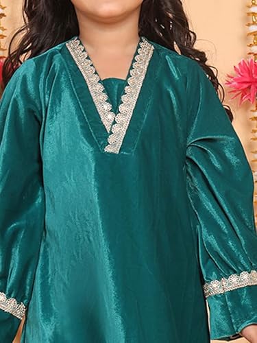 superminis Girls Velvet Lace Work Kurti Duppata and Matching Afgani Ethnic Wear Set (3-4 Years, Green)