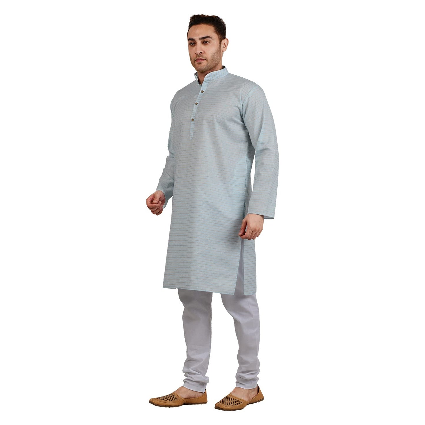 LUCKWIN Men's Cotton Linen Horizontal Stripe Kurta in Blue [LWKurta108-38]
