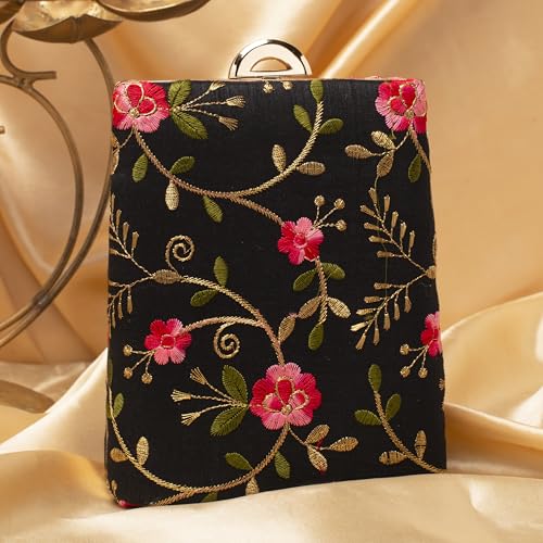 Artklim Black Based Pink Floral Embroidery Clutch Bag for Women