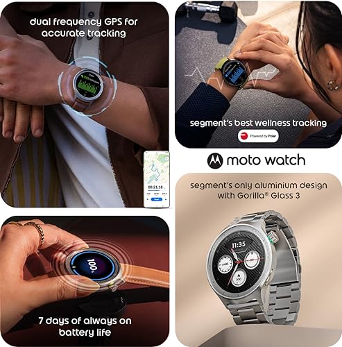 Motorola Moto Watch, 1.4 OLED, AOD, Auto-Brightness, Dual Band GPS, Powered by Polar Smartwatch (Matte Silver/Matte Silver Band Strap, Free Size)