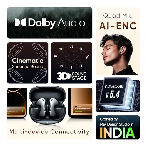 Mivi SuperPods Immersio [Flagship Launch] in Ear Ear Buds Wireless, Dolby Audio, 3D Soundstage, 60H Playtime, AI ENC, Bluetooth TWS, BT v5.4 Earbuds