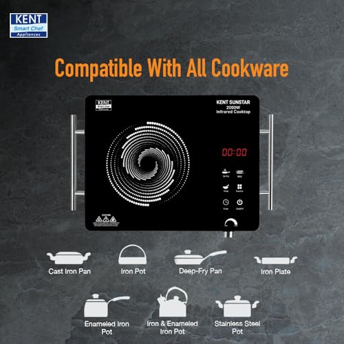 KENT Sunstar Infrared Cooktop 2000W | 3 Preset Menus | Grill Stand to BBQ & Roast | Microcrystalline Glass | Digital Functions with LED Display | Adjustable Temperature Knob | SS Handle |Auto Cut-Off