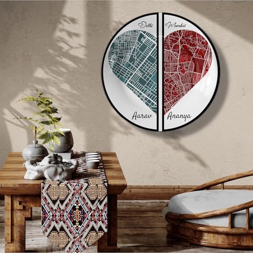 Telinchi Personalized Dual City Heart Map Art Plate | Custom Delhi Mumbai Street Map Decorative Plate with Names | Romantic Couple Keepsake Gift for Anniversary Wedding