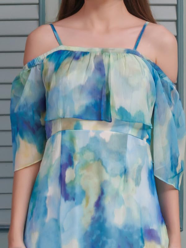 Zink London Women's Blue Abstract Flared Maxi Dress