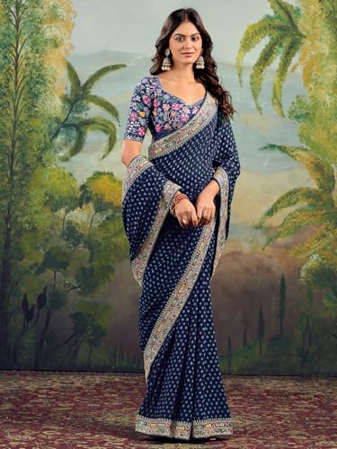 Satrani Women's Georgette Sequence Embroidery Lace & Bandhani Printed Saree with Unstitched Blouse Piece (4115S906NY_Navy Blue)