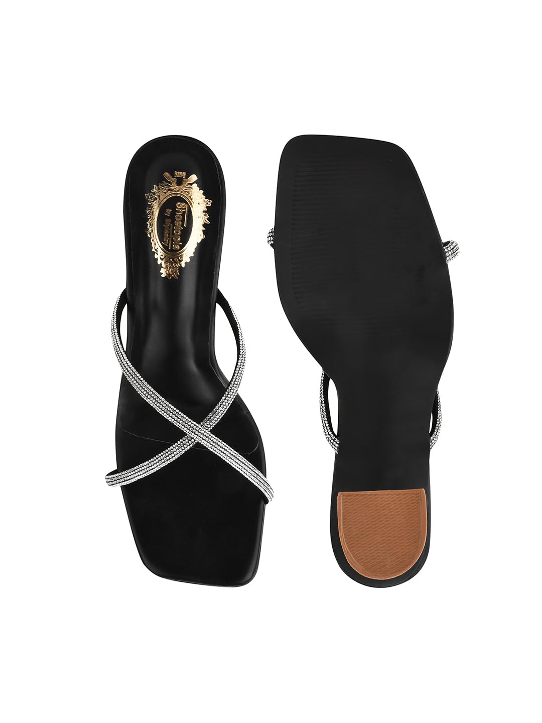 Shoetopia Women’s Rhinestone Strappy Black Heeled Sandals – Square Toe Mule Slides, Sparkly Crystal Thin-Strap Dress Heels with Flared Block Heel – Bridal/Party & Casual Footwear EU37