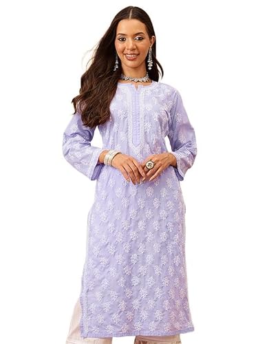 Ada Hand Embroidered Lucknowi Chikankari Mauve Cotton Kurta Kurti for Women A411707 (4XL)