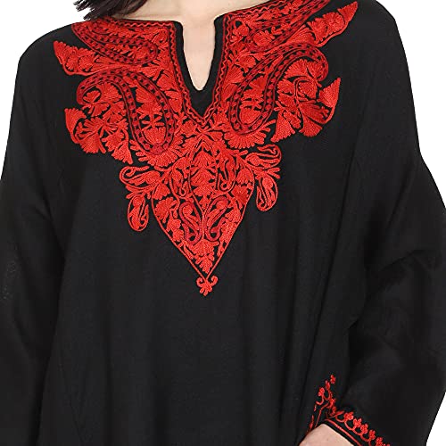 CRAFTBAZAR Kashmiri Woolen Black phiran with red Embroidery Plus Size
