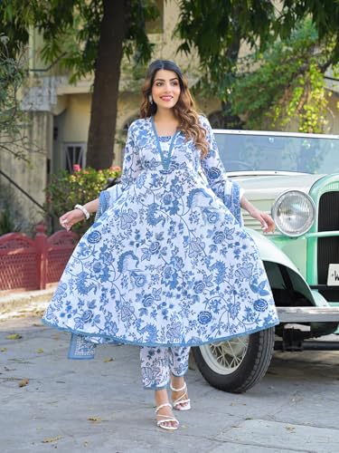 Divena Blue Floral Printed Anarkali Pure Cotton Kurta with Trousers & Dupatta