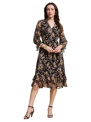 Latin Quarters Women's Black Printed V-Neck 3/4Th Sleeve Casual Fit & Flare Dress_M