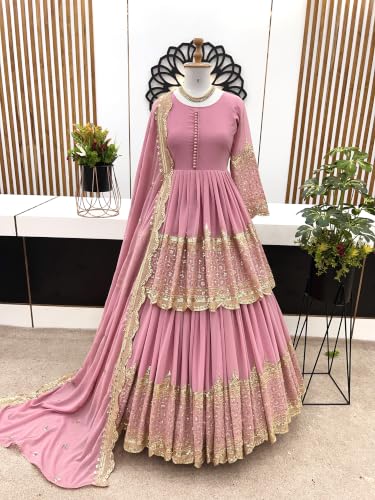 Women's Pink Georgette Tiered Anarkali Gown with Dupatta | Women's Pink Georgette Tiered Anarkali Gown with Dupatta