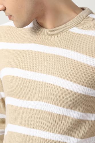 Men Beige Stripe Crew Neck Sweater