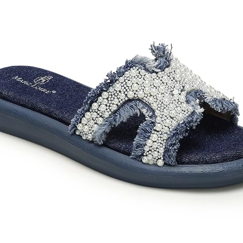 Marc Loire Women Embellished Denim Casual Flats | Slip-On Open Toe Chappals | Indian Smart Sandals with Comfortable Sole (Blue, UK Footwear Size System, Adult, Women, Numeric, Medium, 4)