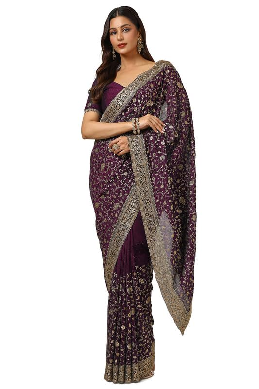 Soch Womens Wine Tussar Embroidered Saree With Stone Work