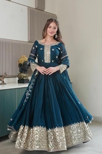 TILKI Fashion Women's Solid Embroidery Work Gown with Dupatta Long Sleeves and Round Neck Most Beautiful Havy Gown for Party | Wedding | Diwali |Any Occasion (in, Alpha, M, Regular, RAMA)