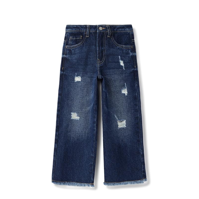 United Colors of Benetton Solid Wide Leg Fit Damaging Frayed Hem Denim Dark Wash Jeans