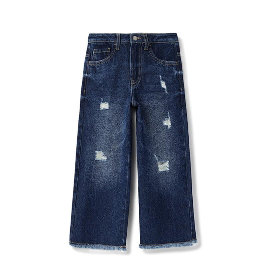 United Colors of Benetton Solid Wide Leg Fit Damaging Frayed Hem Denim Dark Wash Jeans