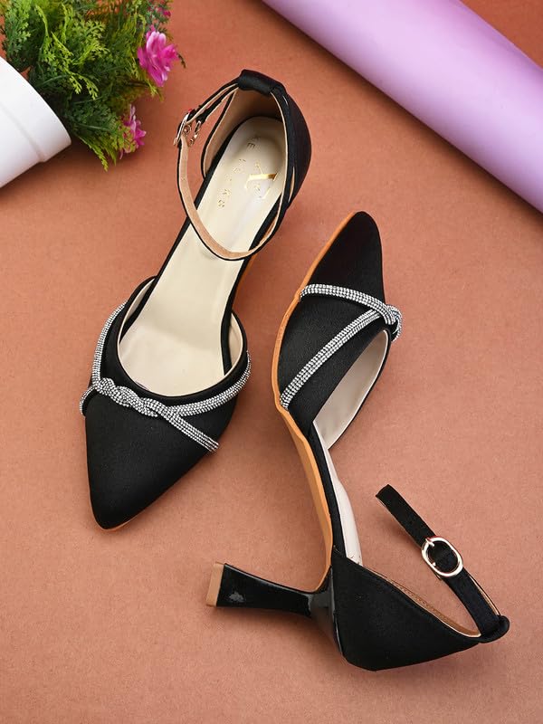 XE Looks Black Women's Fashion Sandals | Faux Leather Attractive and Stylish Block Heel | or Wedding Occasion | For Women & Girls
