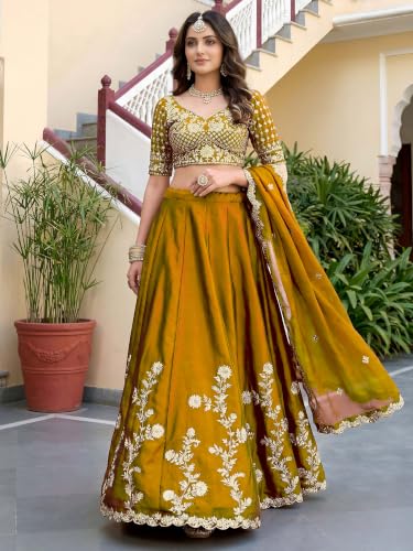 Zeel Clothing Women's Thread and Sequins Embroidered Work Silk Lehenga Choli With Dupatta (5135-Yellow-Women-Lehenga-Choli-Latest; Free size) (Yellow)
